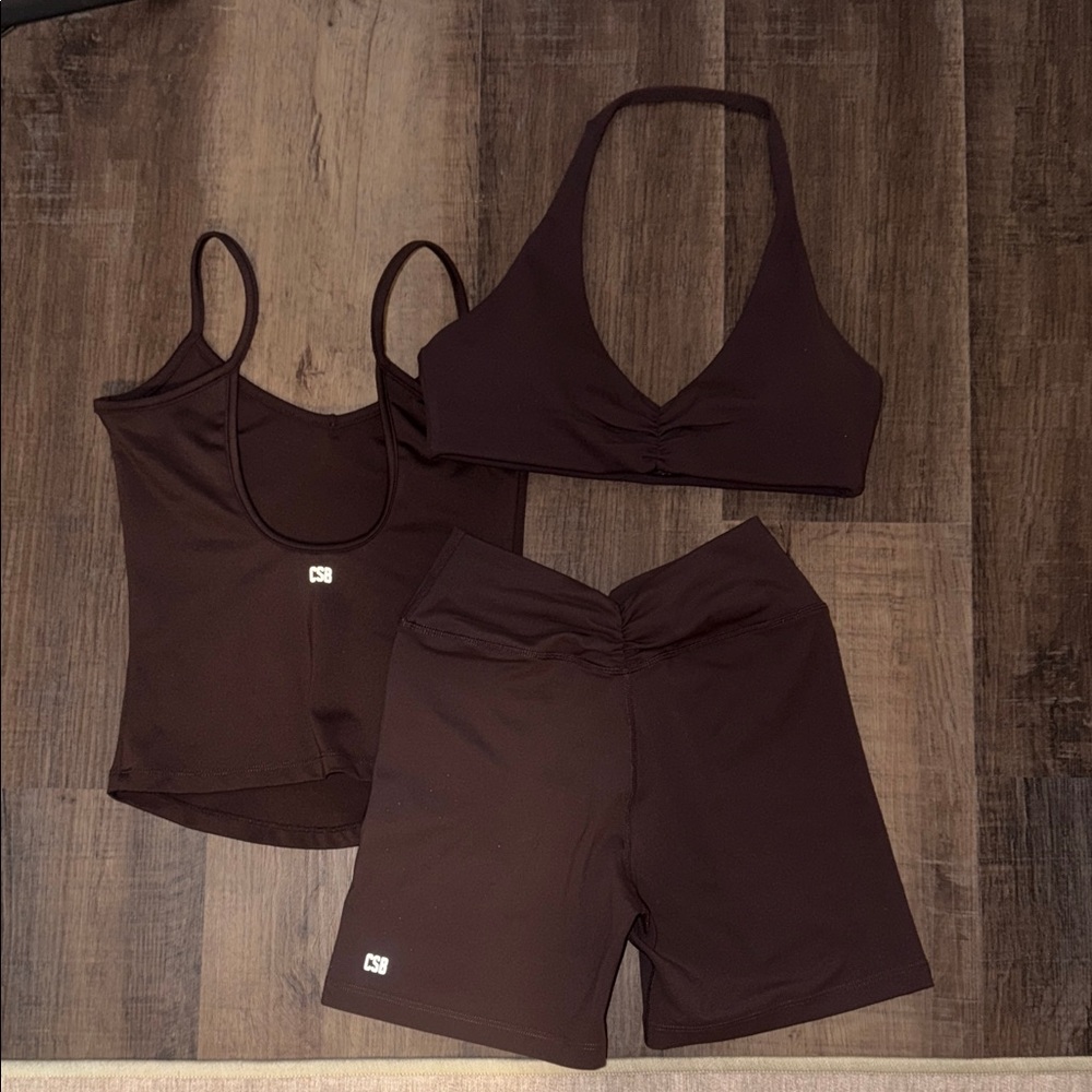 CSB Brown Activewear Set - Crop Tank, Bralette & Bike Shorts